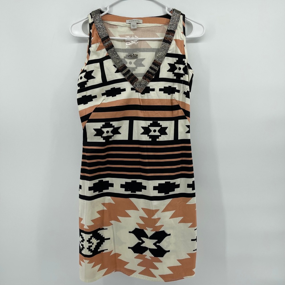 Boston Proper Dress Sleeveless Beaded V-Neck Geometric‎ Print Casual Size 2 - Picture 2 of 6